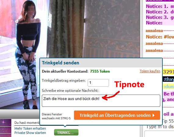 Dem Webcam-Girl eine Nachricht via Tippnote schreiben