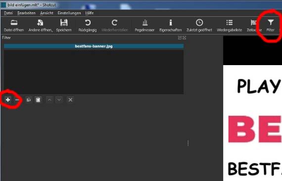 Den Shotcut Filter "Größe, Position und Drehung" hinzufügen.