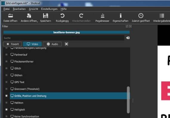 Unter dem Reiter "Video" ggf. auch "Favorit" befindet sich der nötige Shotcut Filter.